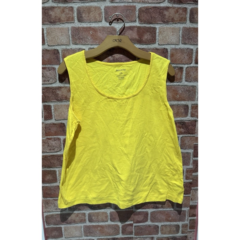 White Stag Tank Top Women's Size L Solid Yellow Beaded Trim ScoopNeck 100%Cotton